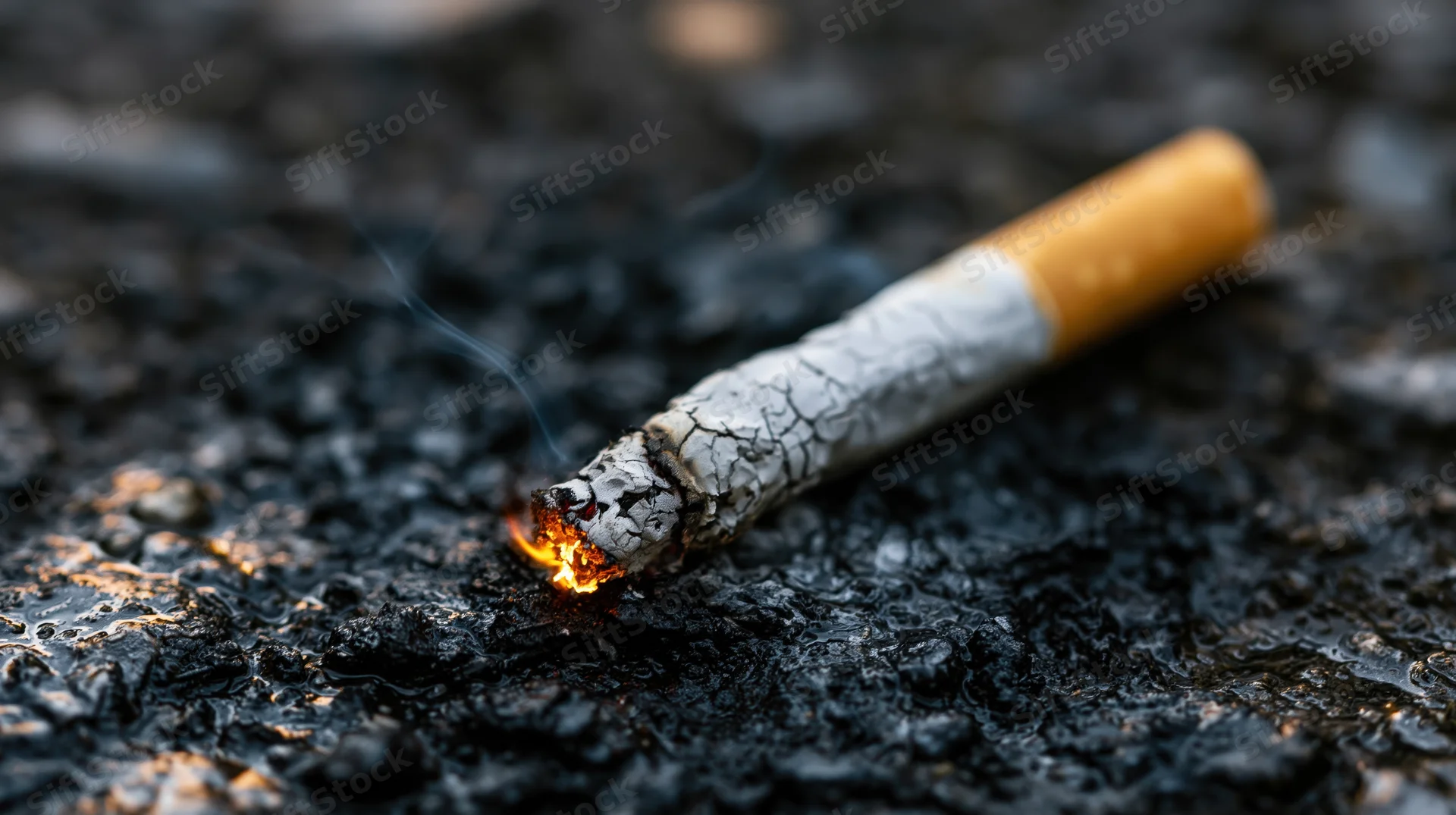 Lit cigarette burning on dark wet asphalt with orange flame and smoke