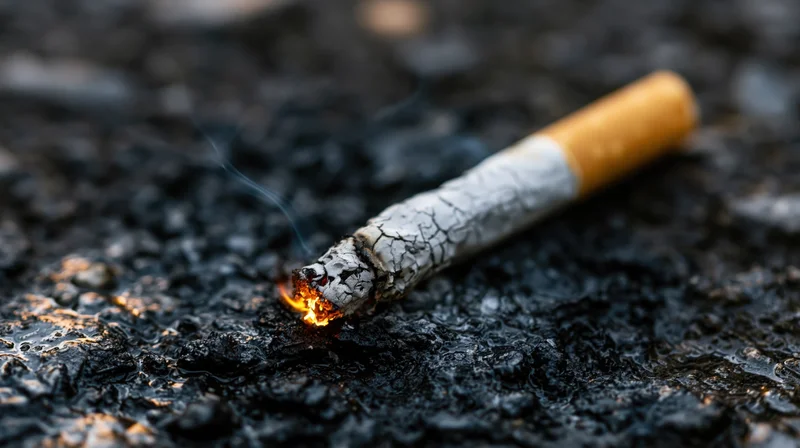 Lit cigarette burning on dark wet asphalt with orange flame and smoke