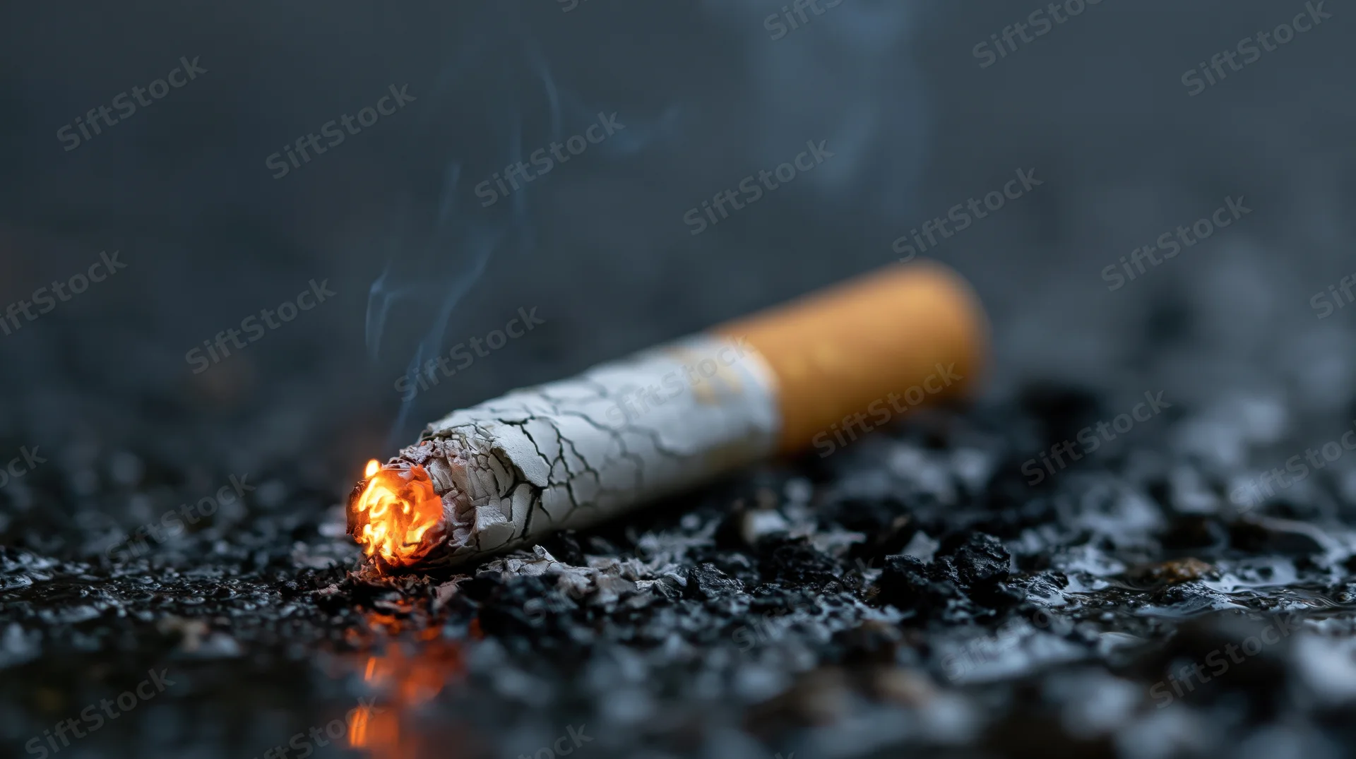 Lit cigarette burning on dark wet asphalt with orange flame and smoke
