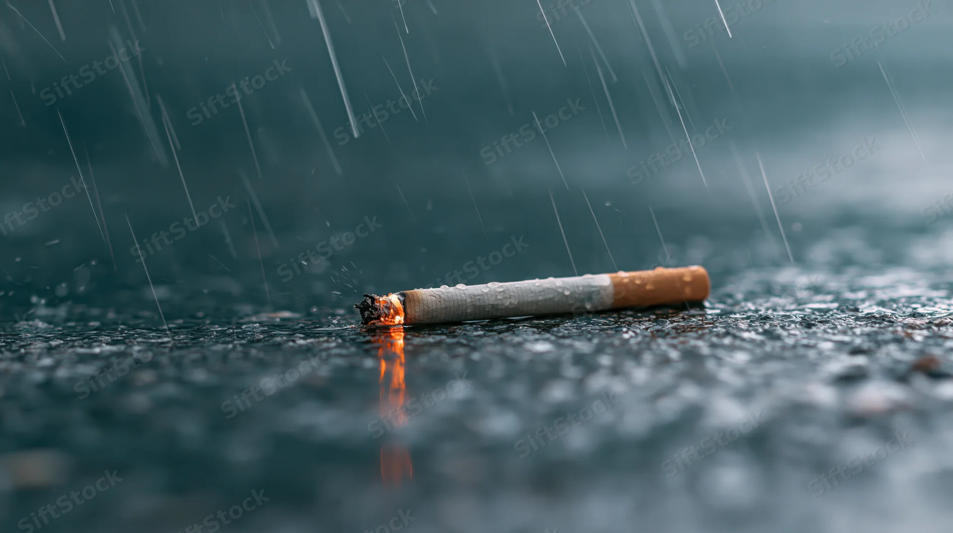 Lit cigarette smoldering on wet pavement in rain