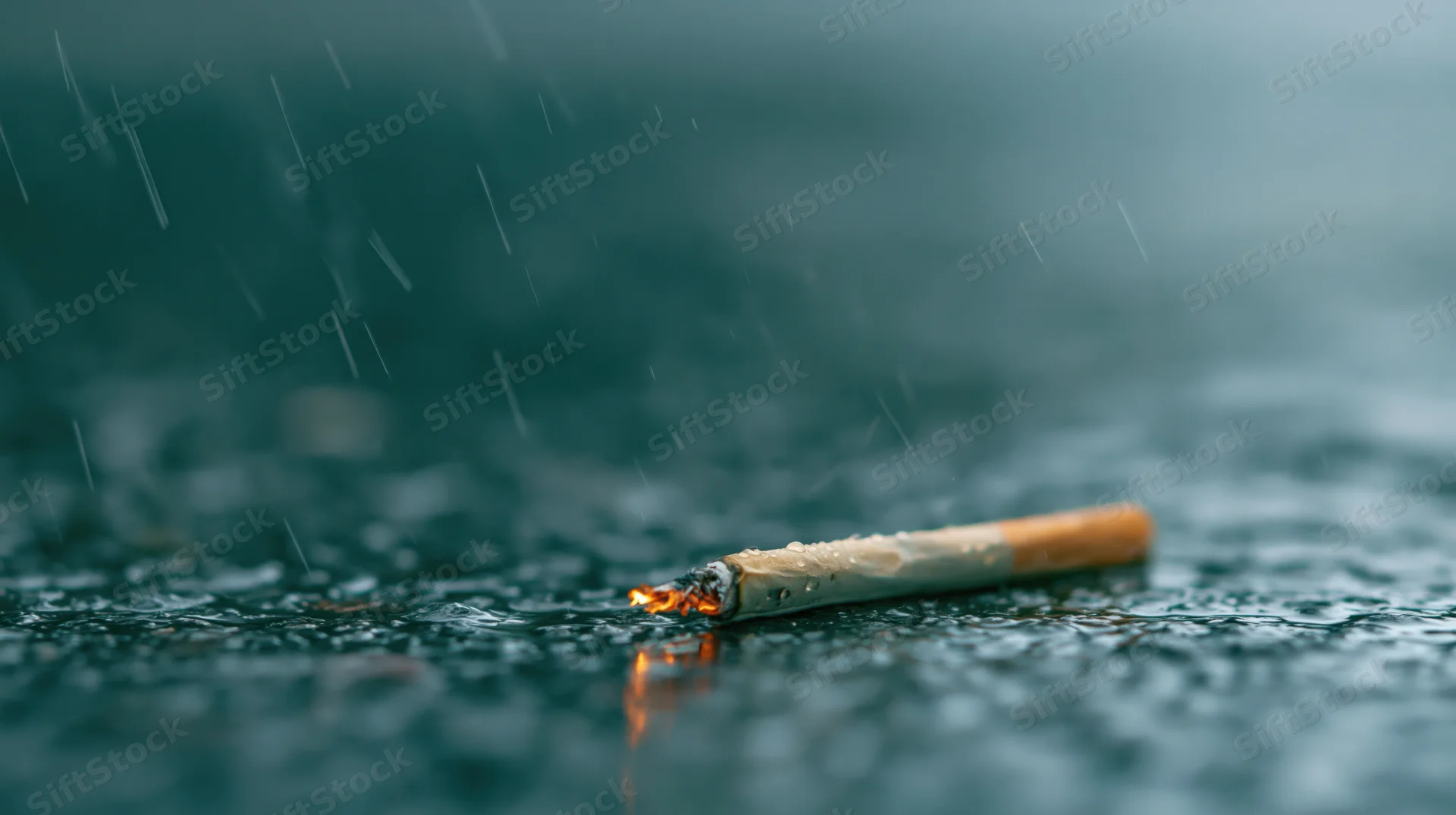 Lit cigarette burning on wet pavement in rain