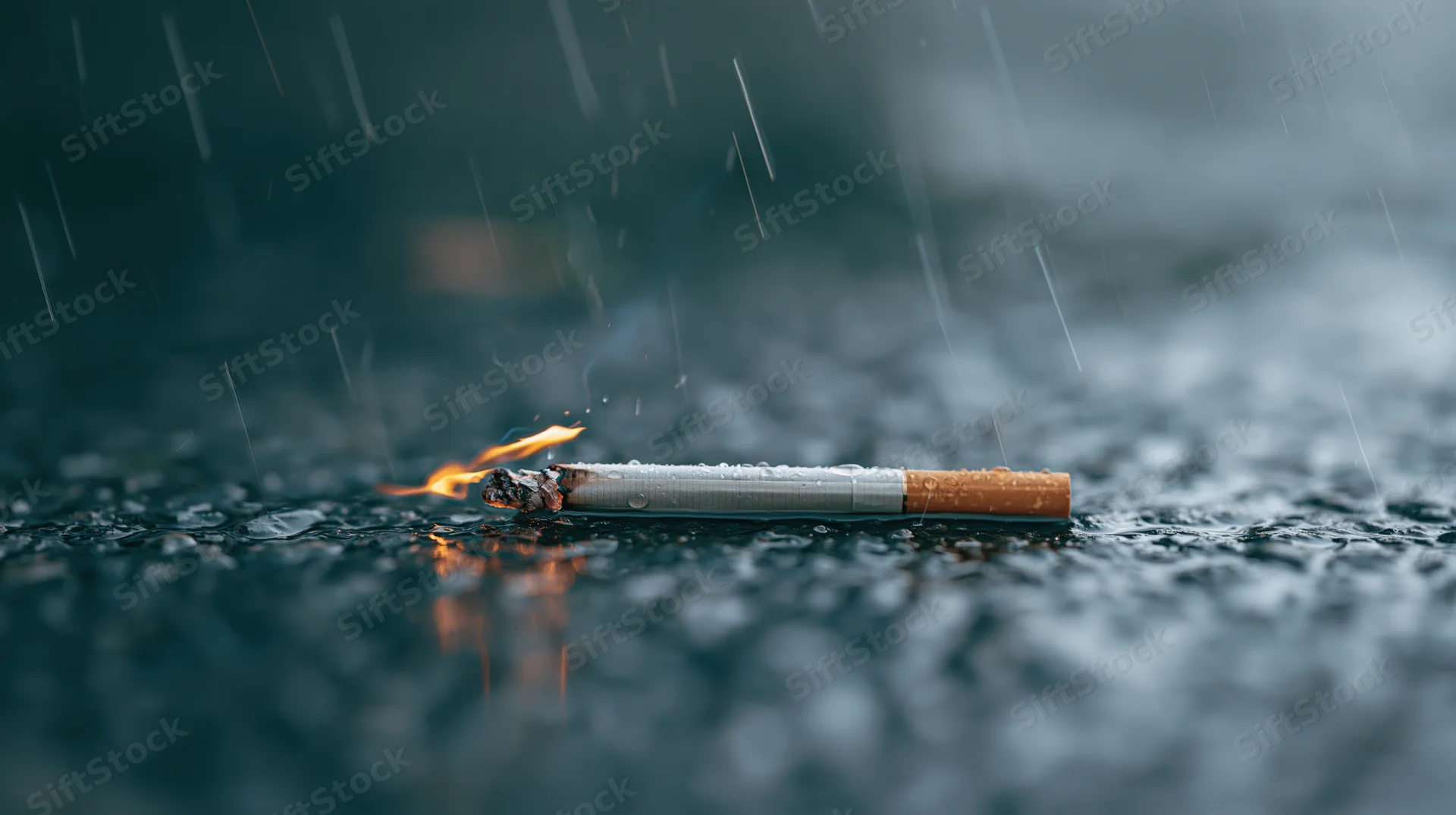 Lit cigarette burning on wet pavement in rain