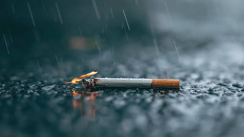 Lit cigarette burning on wet pavement in rain