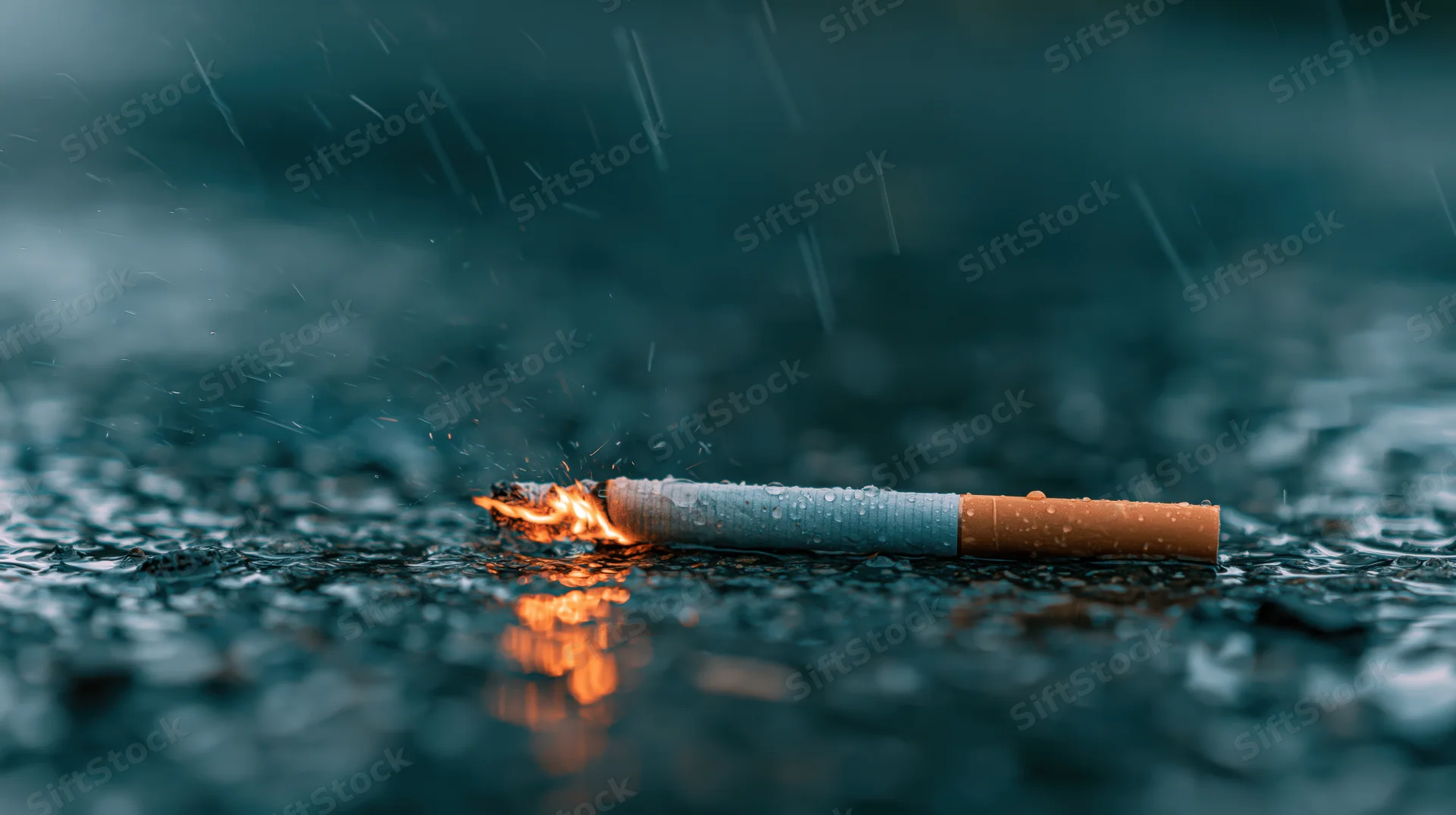 Lit cigarette burning on wet pavement in rain with flame reflection