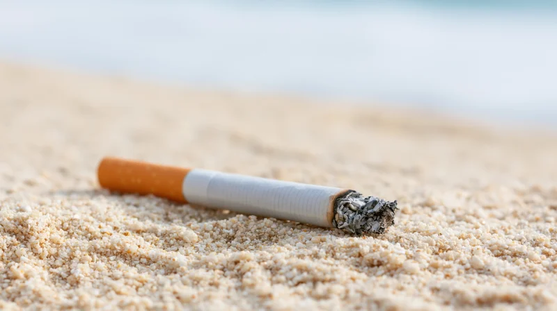 Cigarette with ash lying on coarse white sand at beach