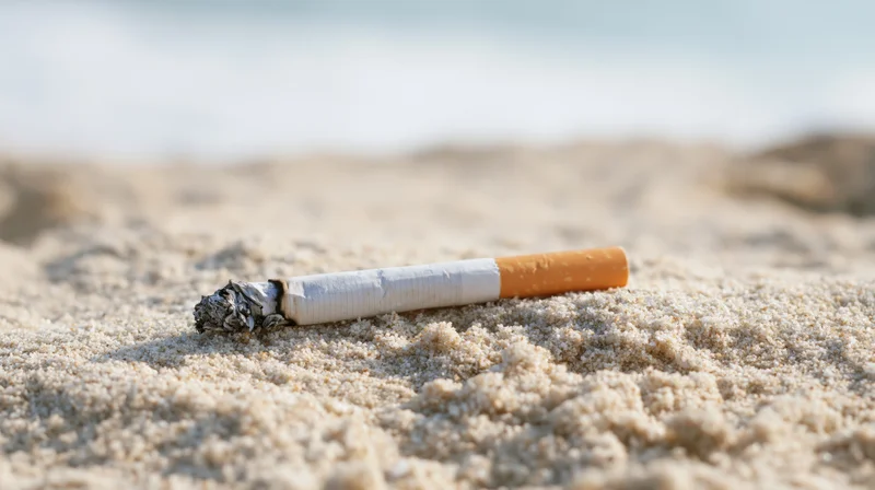 Lit cigarette lying on coarse white sand at beach with ash and ocean in background