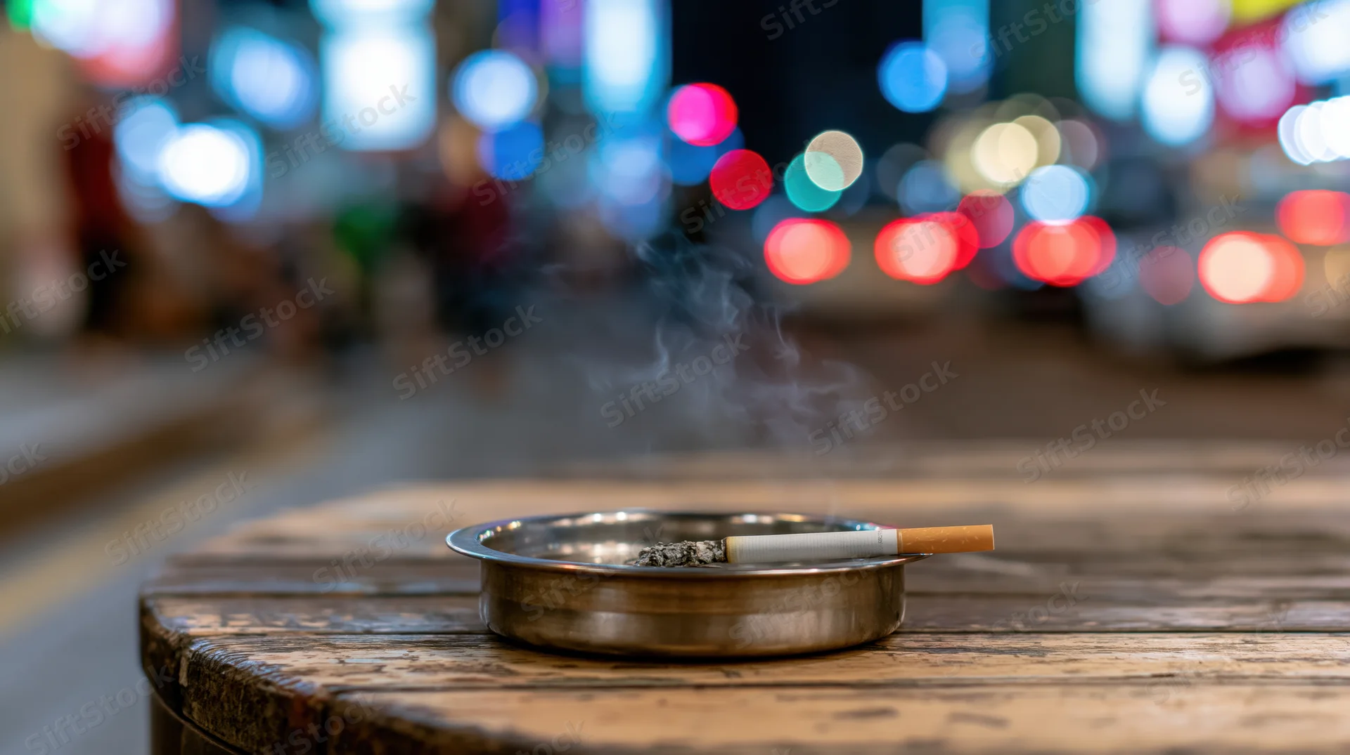 Lit cigarette in a stainless steel ashtray on a wooden table outdoors at night with city lights blurred in the background