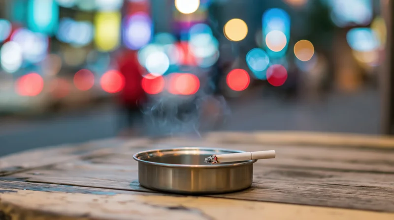 Lit cigarette in a stainless steel ashtray on a wooden table at night with city lights blurred in the background