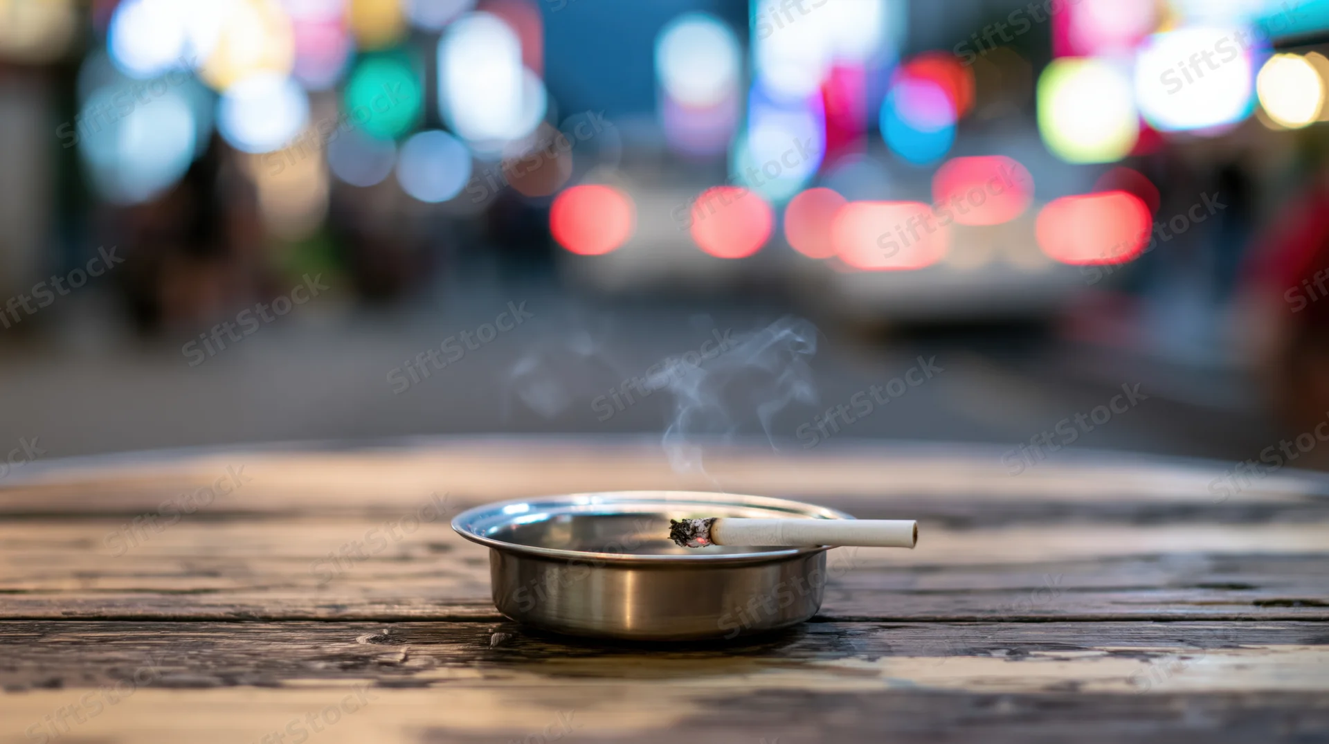 Lit cigarette in a stainless steel ashtray on a wooden table at night with city lights blurred in the background