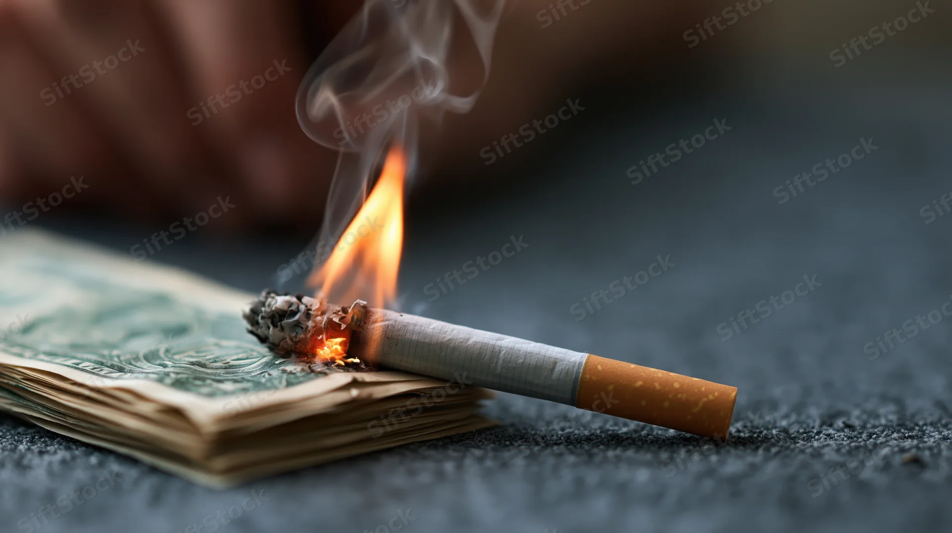 Lit cigarette burning on a stack of US dollar bills