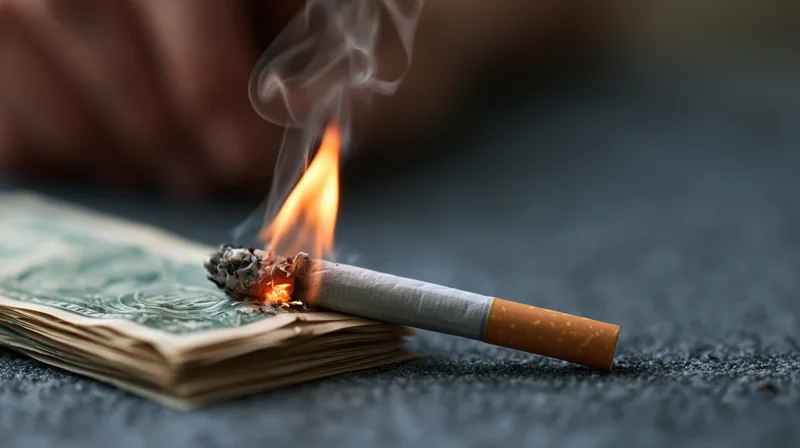 Lit cigarette burning on a stack of US dollar bills
