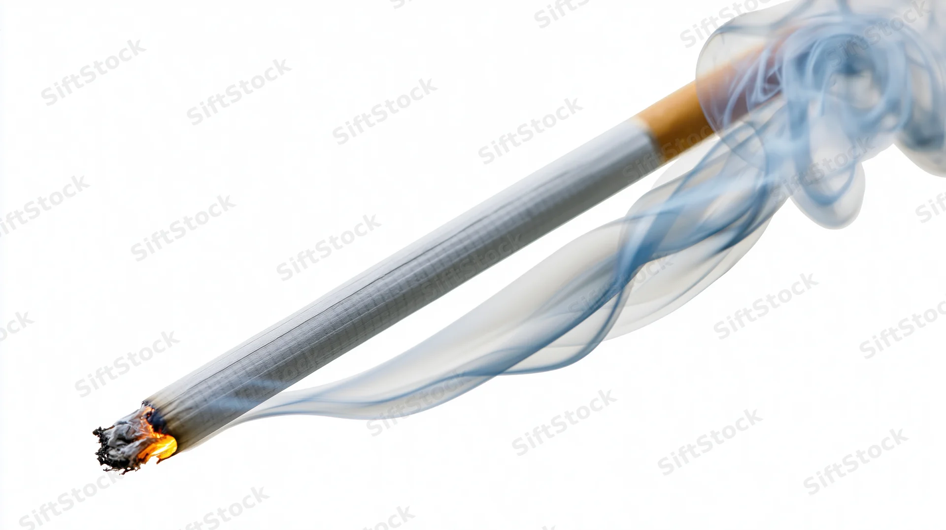 Lit cigarette with glowing ember and curling smoke against white background