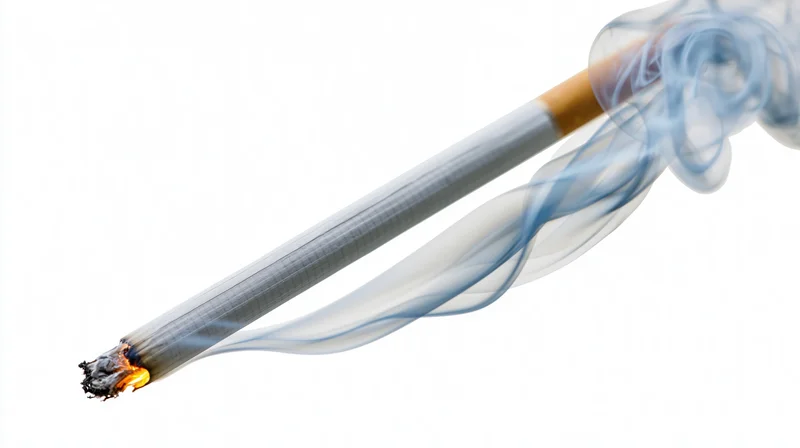 Lit cigarette with glowing ember and curling smoke against white background