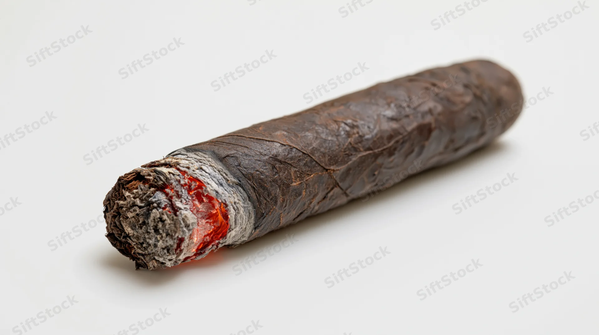 Lit premium cigar resting diagonally with glowing ember and ash on white background