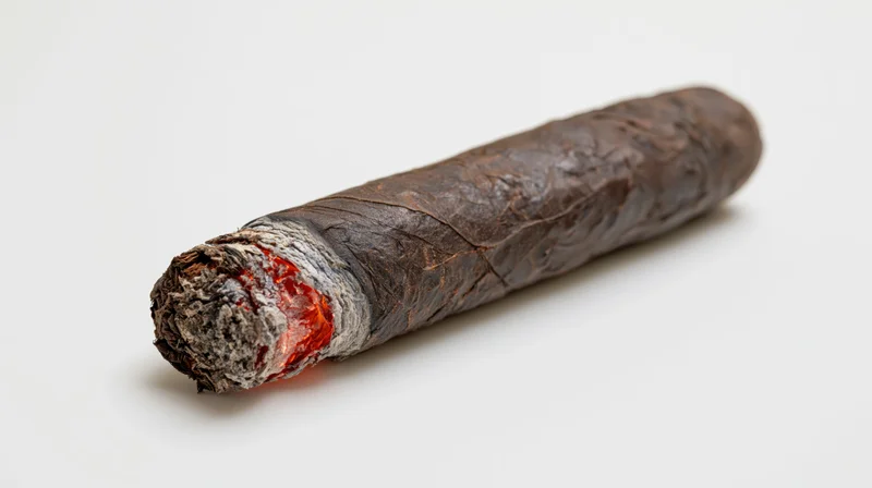 Lit premium cigar resting diagonally with glowing ember and ash on white background
