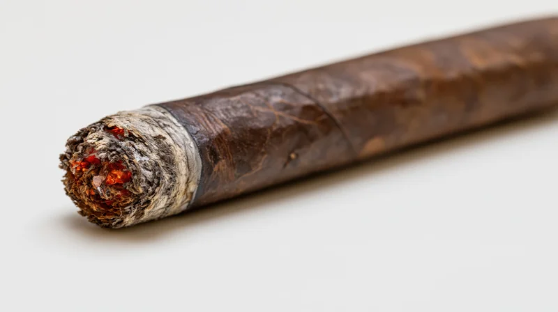 Lit premium cigar with glowing ember resting diagonally on white surface