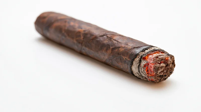 Lit premium cigar with glowing ember resting diagonally on white background