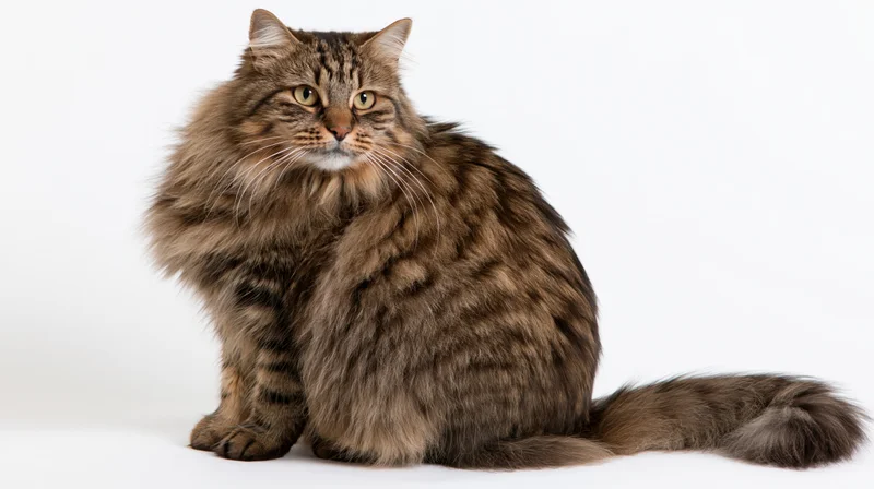 Long-haired tabby cat sitting alert on plain white studio background