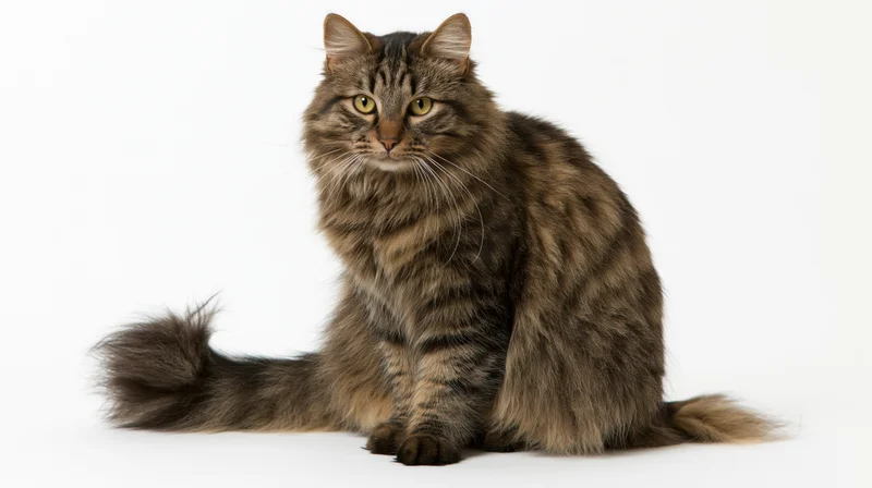 Long-haired tabby cat sitting alert on plain white studio background