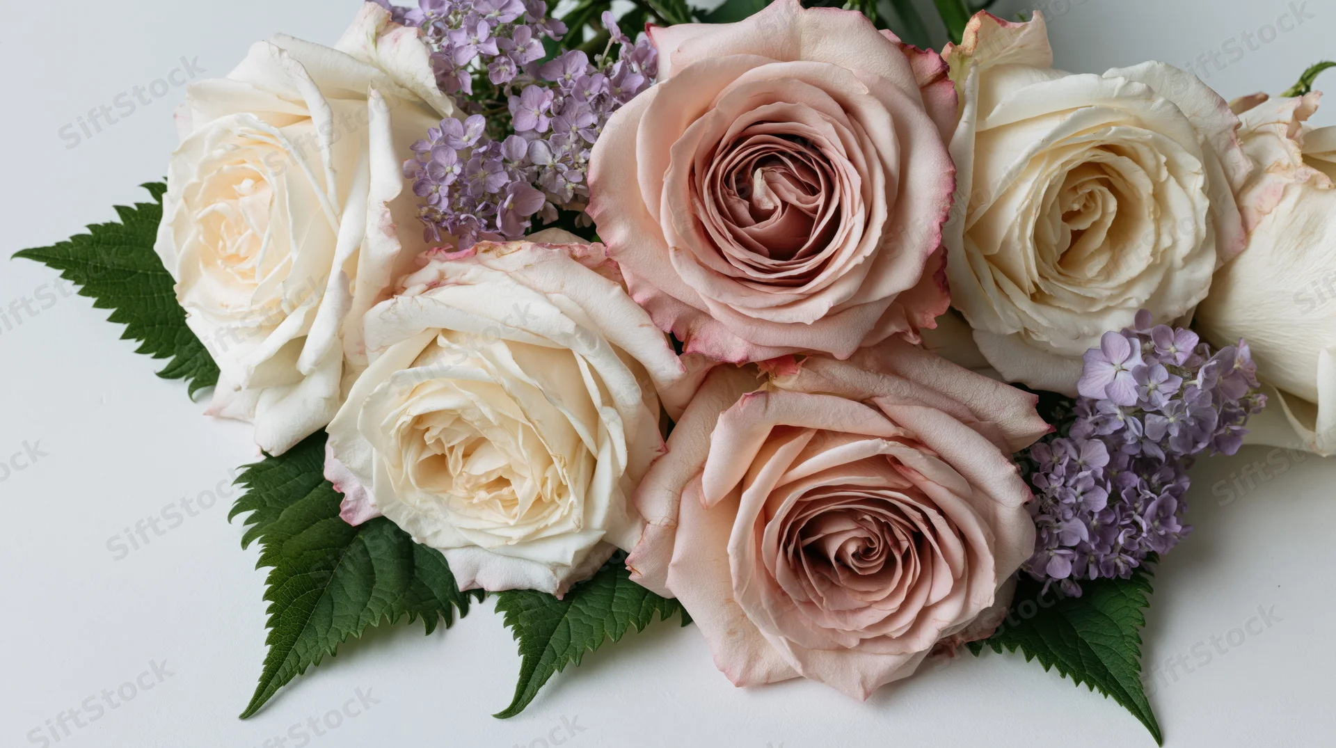 Loose bouquet of cream white and dusty pink roses with purple hydrangea and green leaves on white background
