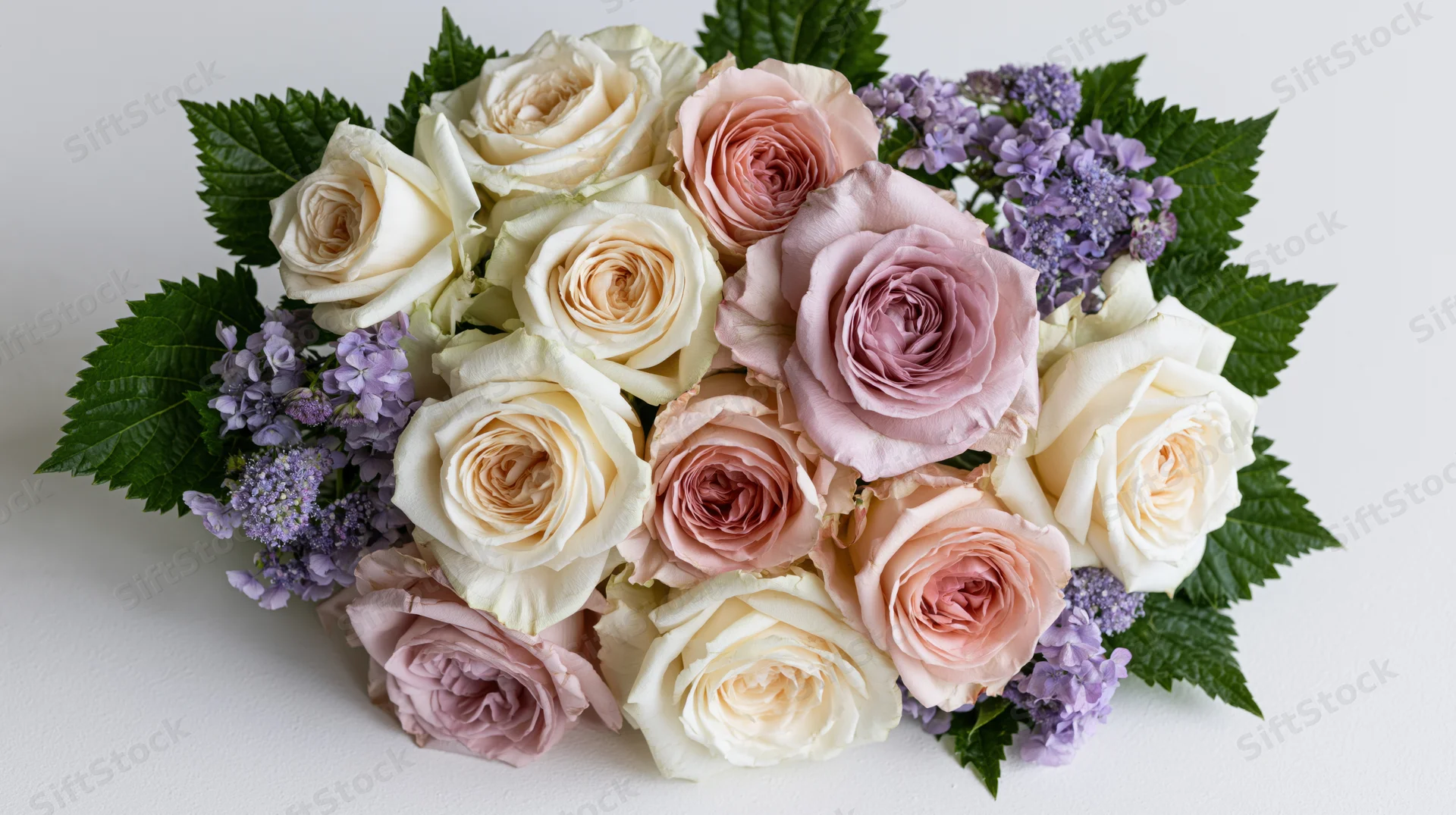 Loose garden bouquet of cream white and dusty pink roses with lavender and green leaves on white background