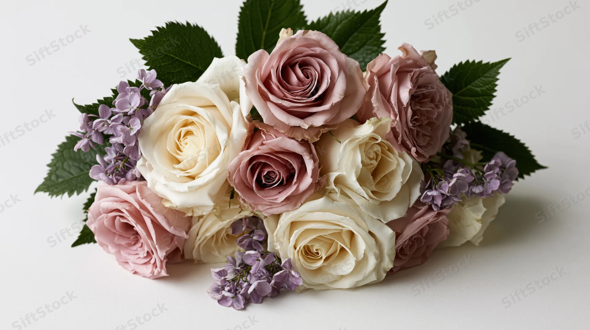 Loose bouquet of cream white and dusty pink roses with lilac flowers and green leaves on white background
