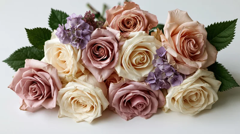 Loose bouquet of cream, white, and dusty pink roses with purple hydrangea and green leaves on white background