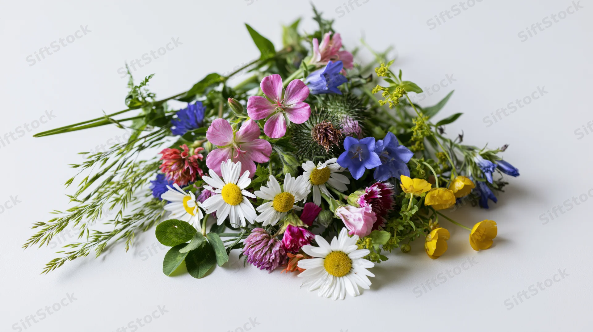 Loose bunch of mixed wildflowers including daisies and clover laid flat on white surface