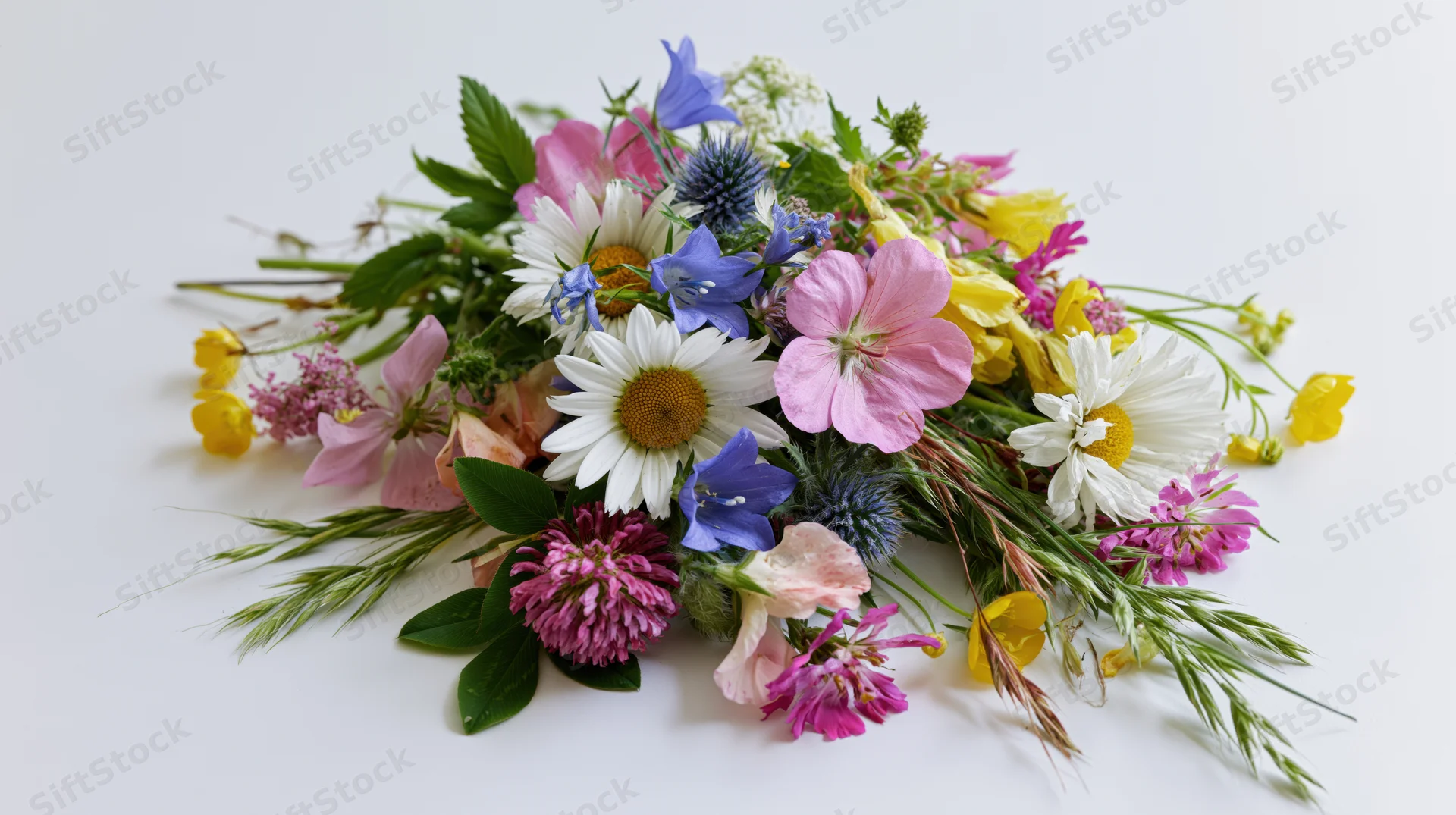 Loose bunch of mixed wildflowers laid flat on white surface