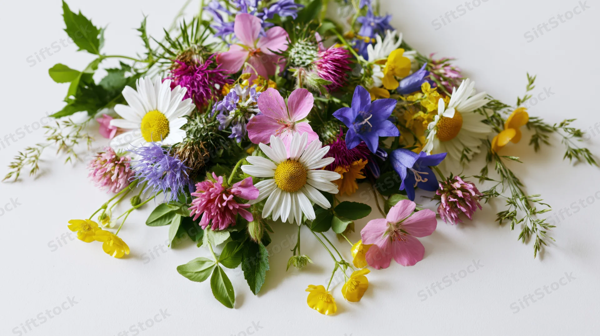 Loose bunch of mixed wildflowers including daisies and bellflowers arranged flat on white surface