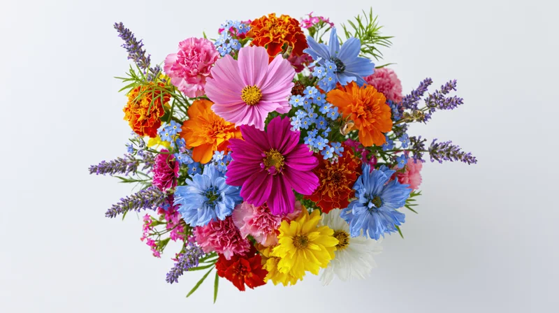 Colorful mixed wildflower bouquet arranged in rounded cluster on white background