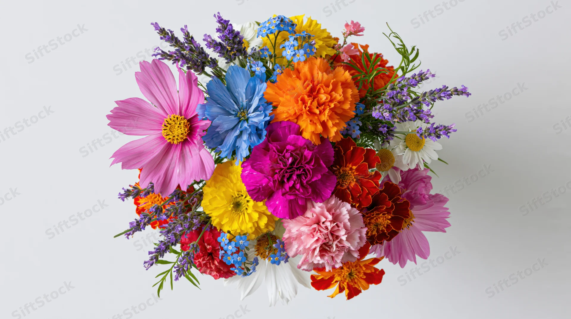 Colorful mixed wildflower bouquet arranged in a rounded cluster on white background