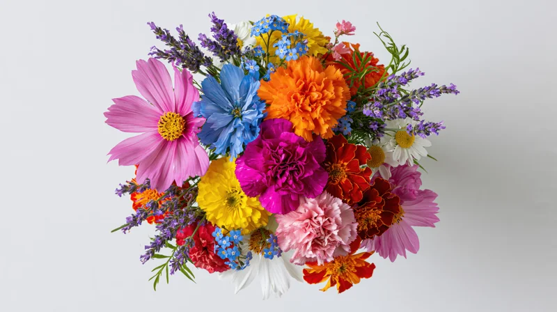 Colorful mixed wildflower bouquet arranged in a rounded cluster on white background