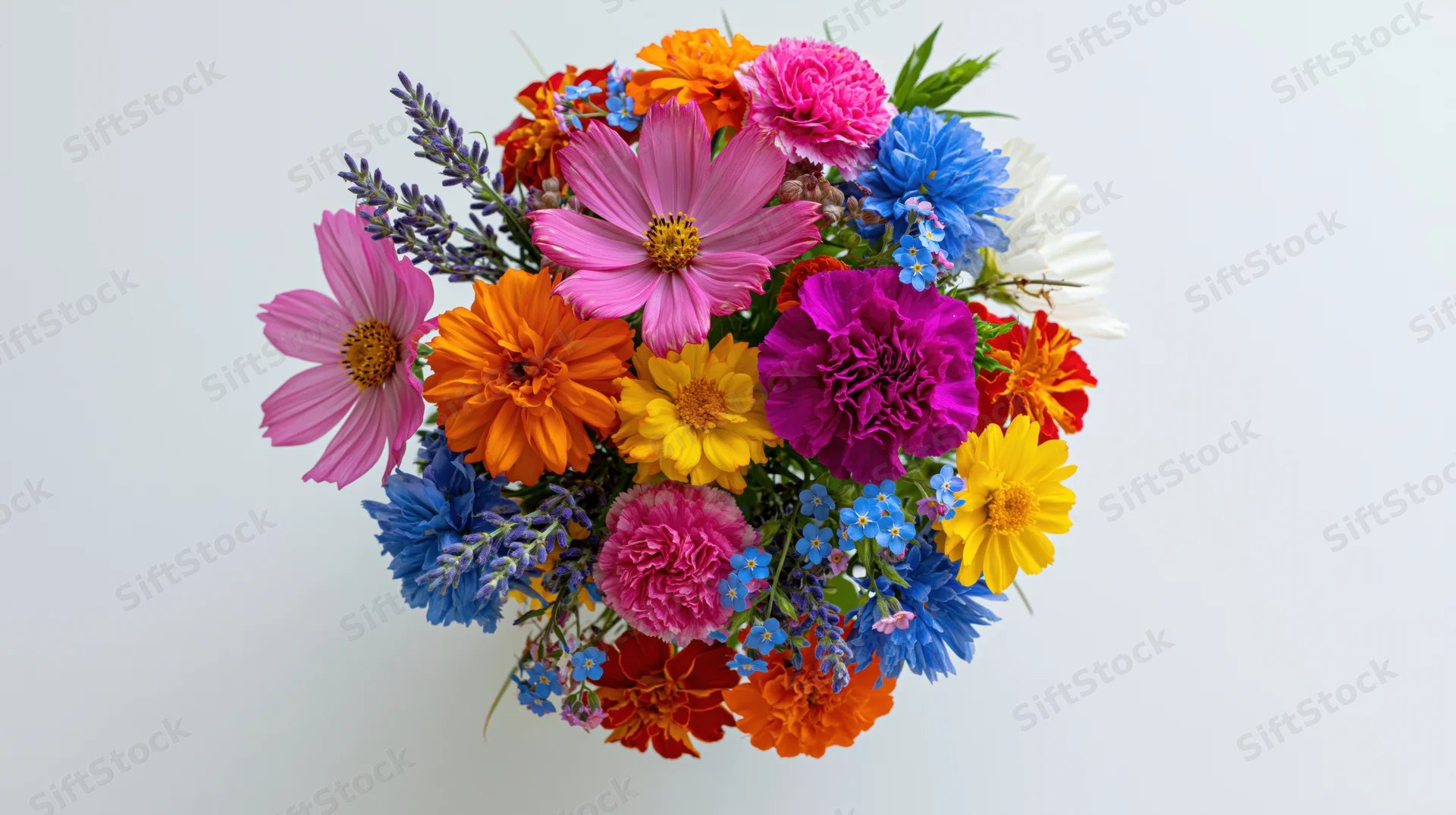 Overhead view of a colorful mixed wildflower bouquet arranged in a rounded cluster on a white background