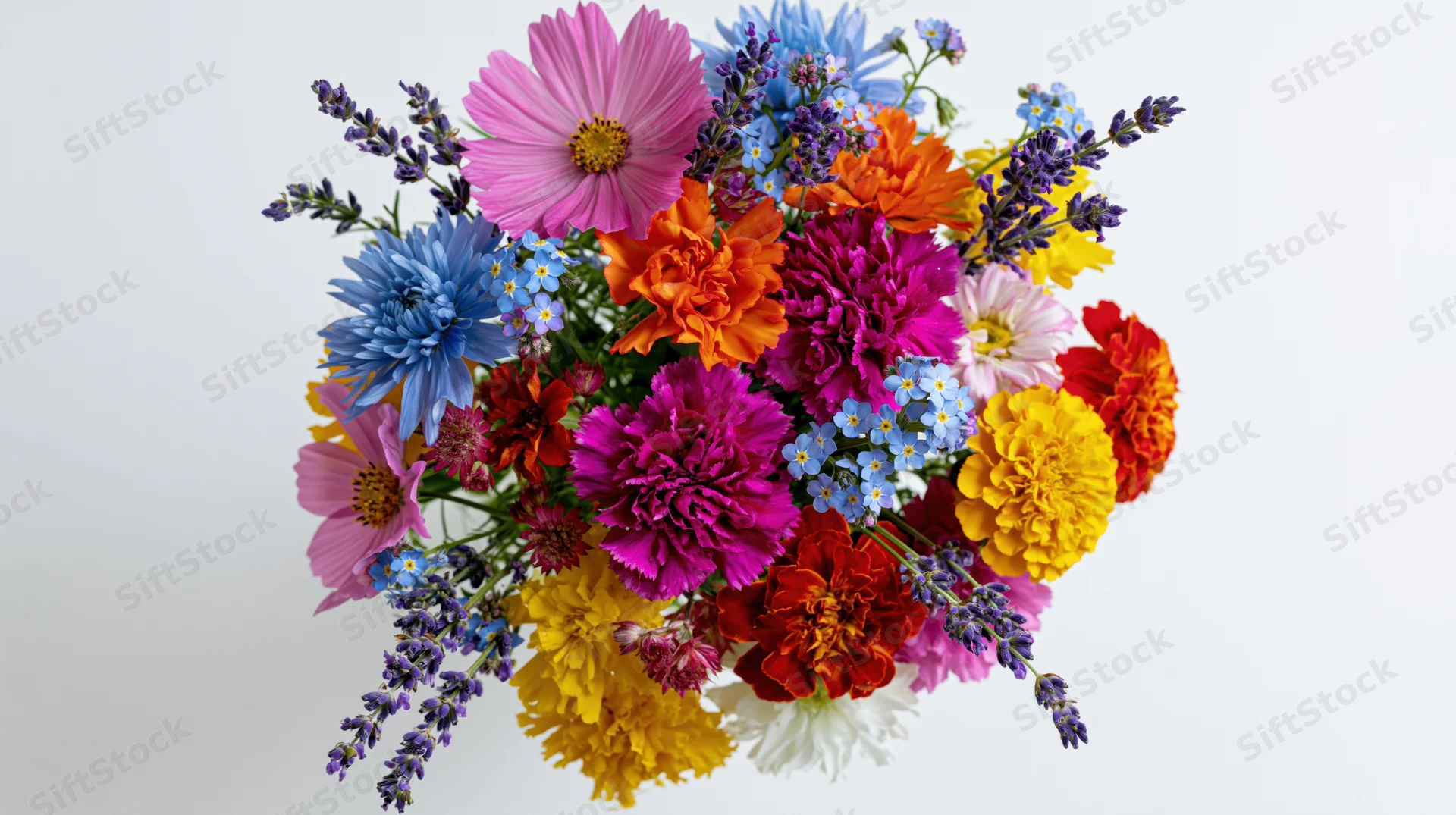 A loose mixed wildflower bouquet arranged in a rounded cluster against a white background