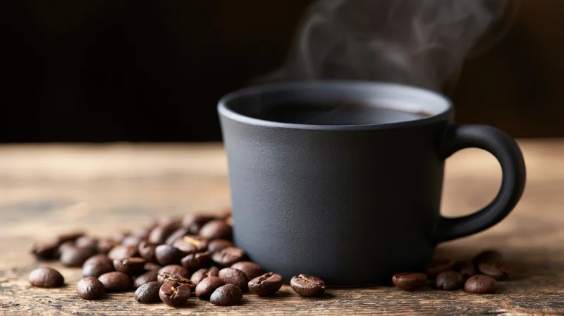 Steaming black coffee in a matte ceramic mug surrounded by roasted beans on a wooden table