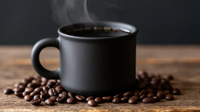 Matte black ceramic coffee mug filled with steaming hot coffee surrounded by roasted beans on a wooden table