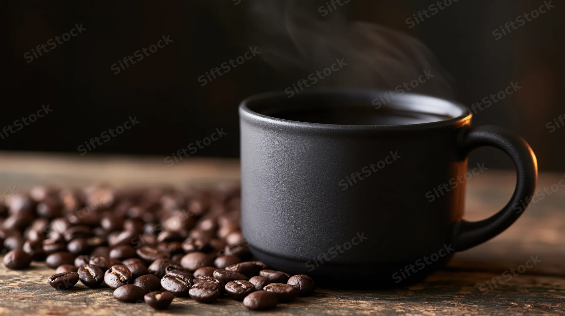 Steaming black coffee in a matte ceramic mug beside roasted beans on a wooden surface