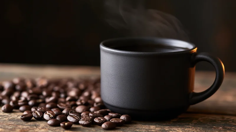 Steaming black coffee in a matte ceramic mug beside roasted beans on a wooden surface