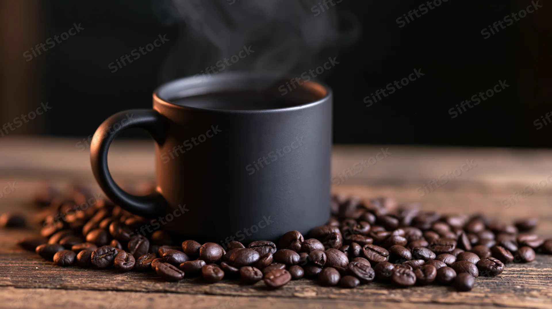 Black ceramic coffee mug filled with steaming hot coffee surrounded by roasted beans on a wooden table