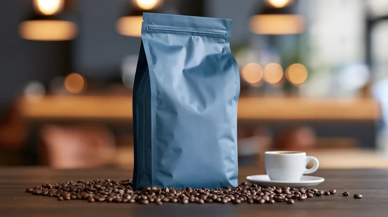 Matte blue foil coffee bag standing on dark wooden table with scattered beans and white cup nearby in cafe interior