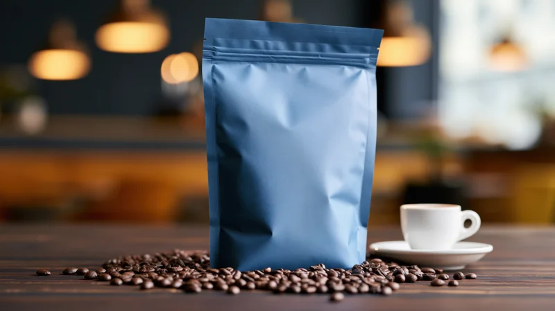 Matte blue foil coffee bag standing on dark wooden table with scattered beans and white cup nearby