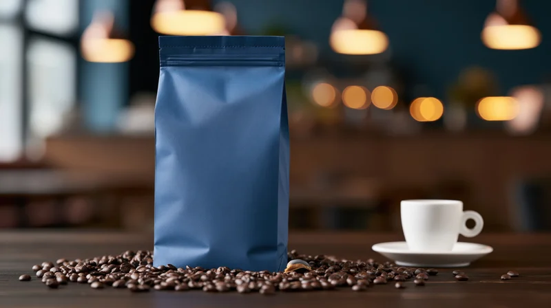 Matte blue foil coffee bag standing on wooden table with scattered beans and white cup in cafe interior