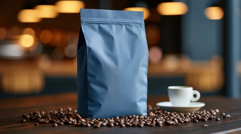 Matte blue foil coffee bag standing upright on dark wooden table surrounded by scattered coffee beans with white cup and saucer in background