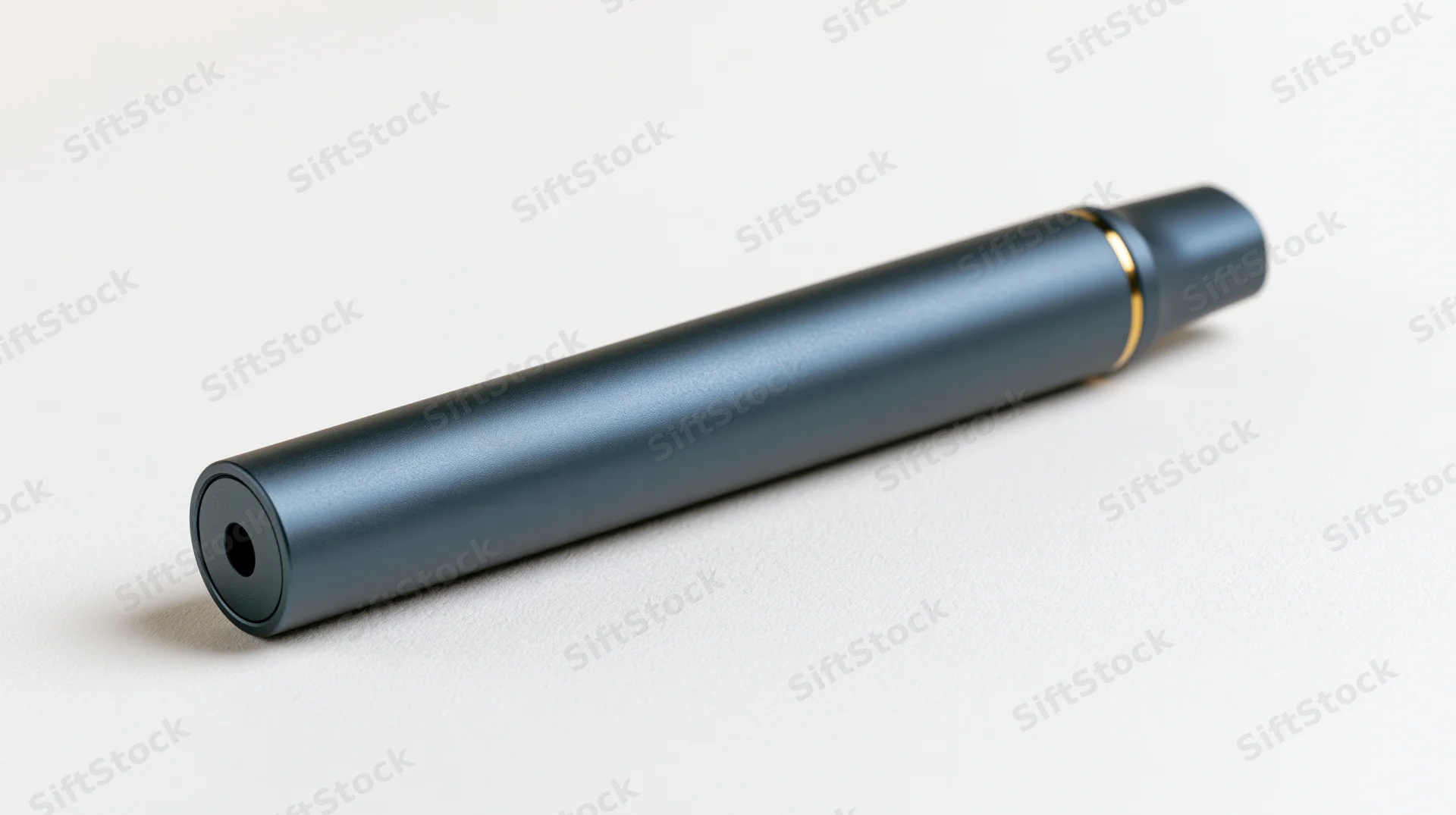 Matte dark grey-blue cylindrical vape pen lying on white surface