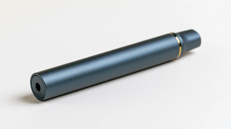 Matte dark grey-blue cylindrical vape pen lying on white surface