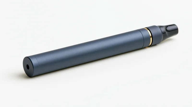 Matte dark grey-blue cylindrical vape pen device lying on white background