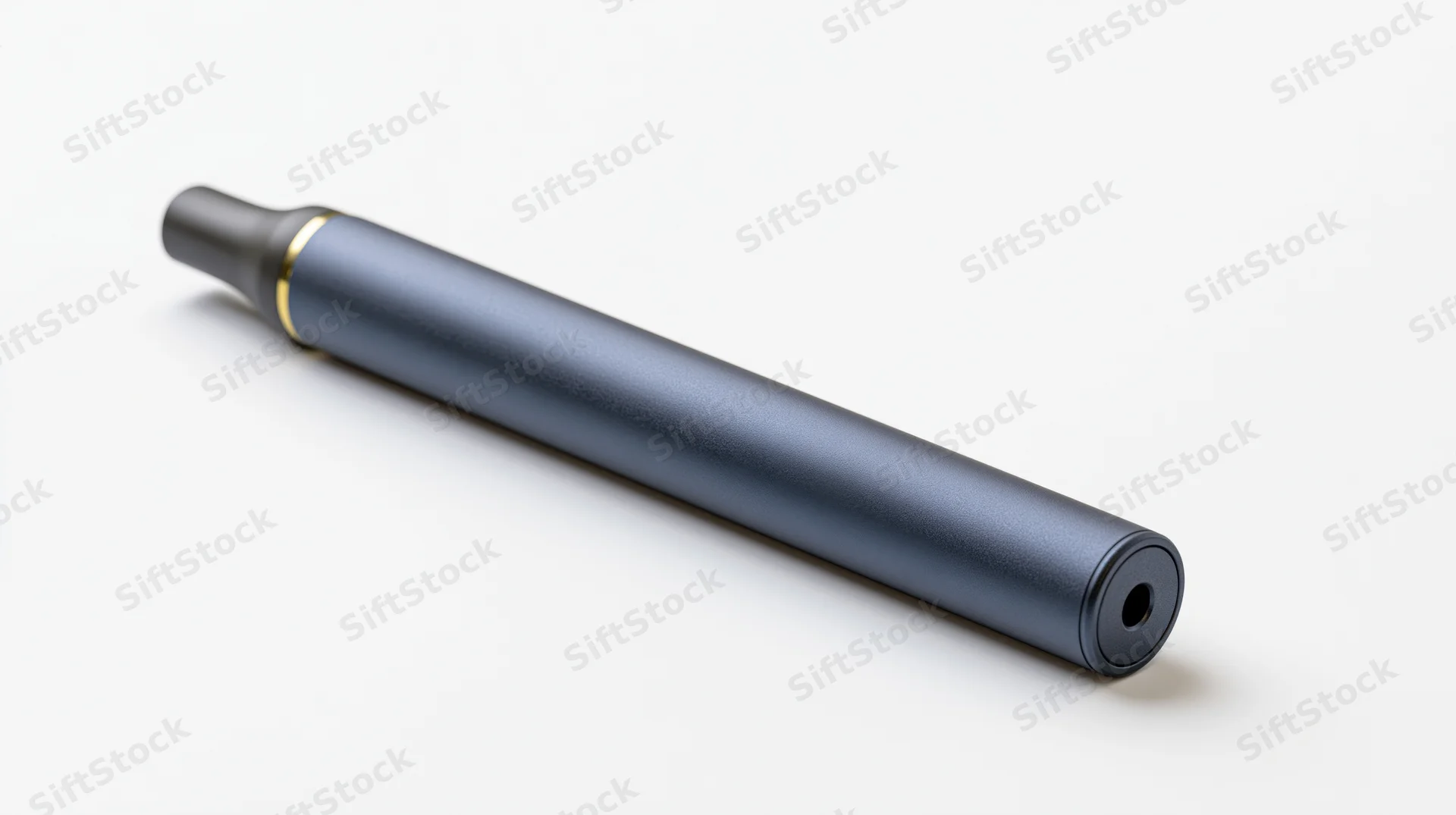 Matte dark grey-blue cylindrical vape pen lying on white surface