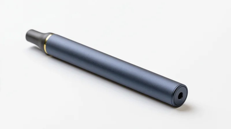 Matte dark grey-blue cylindrical vape pen lying on white surface