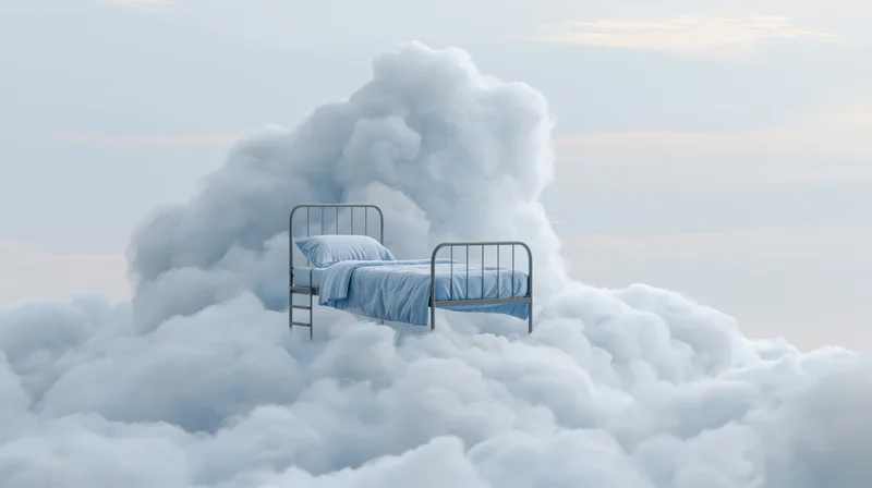 Metal-framed single bed with blue bedding and pillow floating on clouds in sky